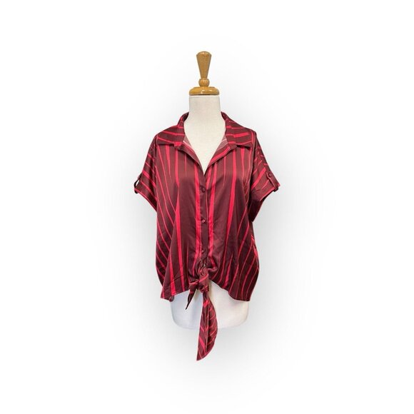 Anthropologie Tops - Anthropologie Hutch Red Tie Waist Satin Top Size L Large Striped